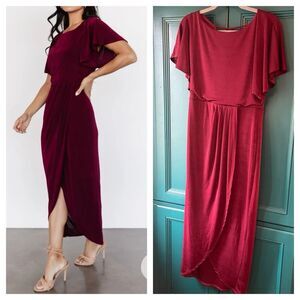 Gilli Mercy Midi Dress Burgundy Red Sz L | Faux Wrap Party Wedding Guest